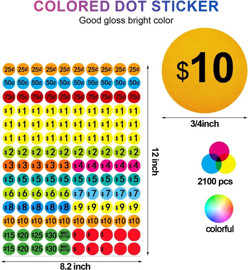 Darfukei Garage Sale Price Stickers, 2100 PCS 3/4 Inch Price Stickers for Yard Sales, Flea Markets, County Fairs & Retail Use, Pricemarker Labels, Colours Round Price Tags - Image 2